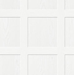 A chart titled “How Much Ashley Stark Home Chase Wood Peel and Stick Wallpaper?” by WallPops displays a grid for estimating the number of wallpaper rolls needed based on wall length 6–46 ft and ceiling height 8–12 ft, with small diagrams showing how to measure each. Each roll covers 30.75 sq ft.