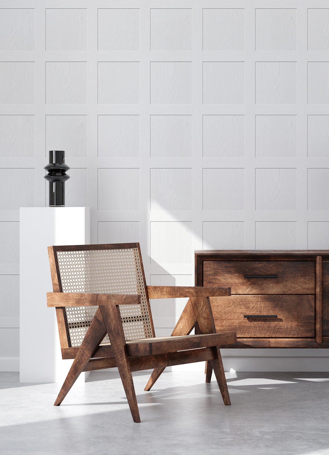 A chart titled “How Much Ashley Stark Home Chase Wood Peel and Stick Wallpaper?” by WallPops displays a grid for estimating the number of wallpaper rolls needed based on wall length 6–46 ft and ceiling height 8–12 ft, with small diagrams showing how to measure each. Each roll covers 30.75 sq ft.