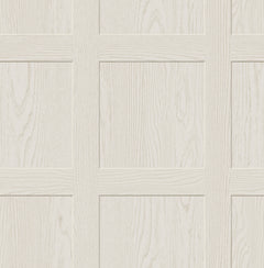 A chart titled “How Much Ashley Stark Home Chase Wood Peel and Stick Wallpaper?” by WallPops displays a grid for estimating the number of wallpaper rolls needed based on wall length 6–46 ft and ceiling height 8–12 ft, with small diagrams showing how to measure each. Each roll covers 30.75 sq ft.