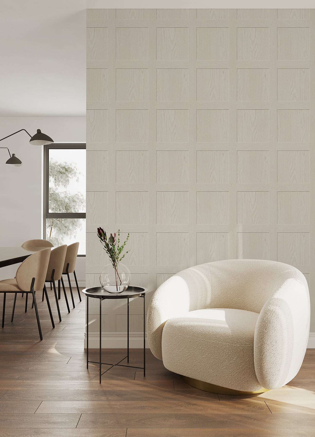 A chart titled “How Much Ashley Stark Home Chase Wood Peel and Stick Wallpaper?” by WallPops displays a grid for estimating the number of wallpaper rolls needed based on wall length 6–46 ft and ceiling height 8–12 ft, with small diagrams showing how to measure each. Each roll covers 30.75 sq ft.