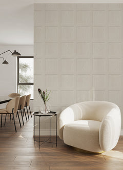 A chart titled “How Much Ashley Stark Home Chase Wood Peel and Stick Wallpaper?” by WallPops displays a grid for estimating the number of wallpaper rolls needed based on wall length 6–46 ft and ceiling height 8–12 ft, with small diagrams showing how to measure each. Each roll covers 30.75 sq ft.