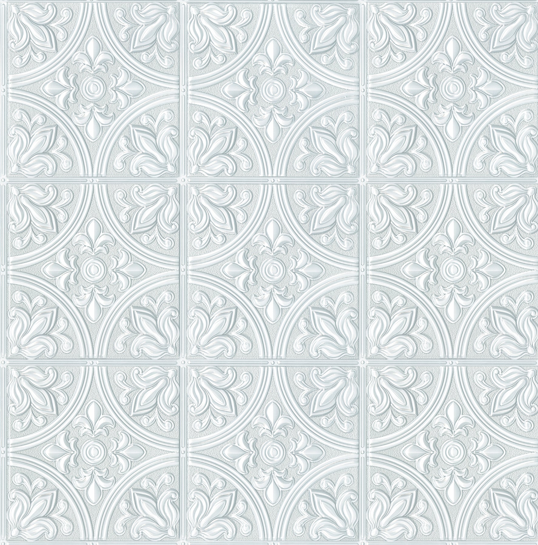 The Ashley Stark Home Willa Tile Peel and Stick Wallpaper by WallPops showcases an ornate, embossed white and light gray tile pattern with symmetrical floral and leaf motifs encircled within each tile. This uniformly repeating design creates a textured, elegant, and vintage look across any surface.