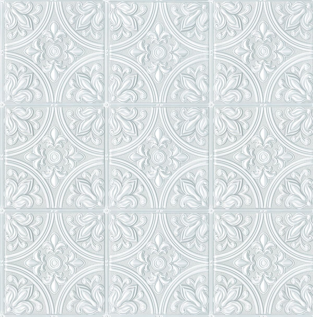 The Ashley Stark Home Willa Tile Peel and Stick Wallpaper by WallPops showcases an ornate, embossed white and light gray tile pattern with symmetrical floral and leaf motifs encircled within each tile. This uniformly repeating design creates a textured, elegant, and vintage look across any surface.