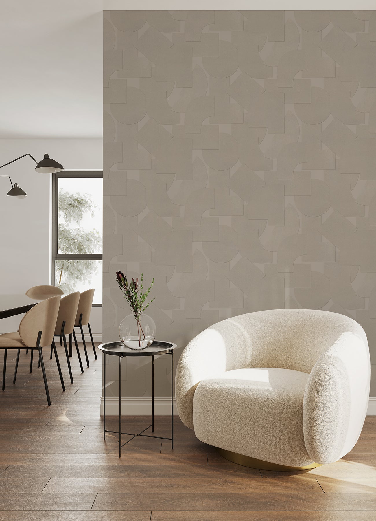 Featuring a pattern of overlapping black geometric shapes—rectangles, semicircles, and squares—set against a dark background, the Ashley Stark Home Bas Geometric Peel and Stick Wallpaper by WallPops creates a subtly textured effect with its nearly indistinguishable monochromatic design.