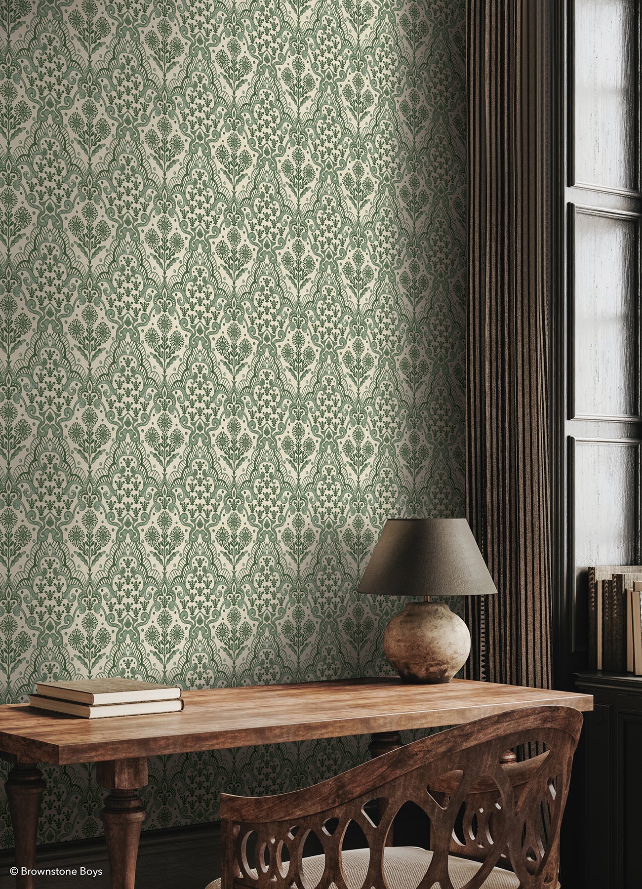 Brownstone Blooms P&S Wallpaper in a room setting