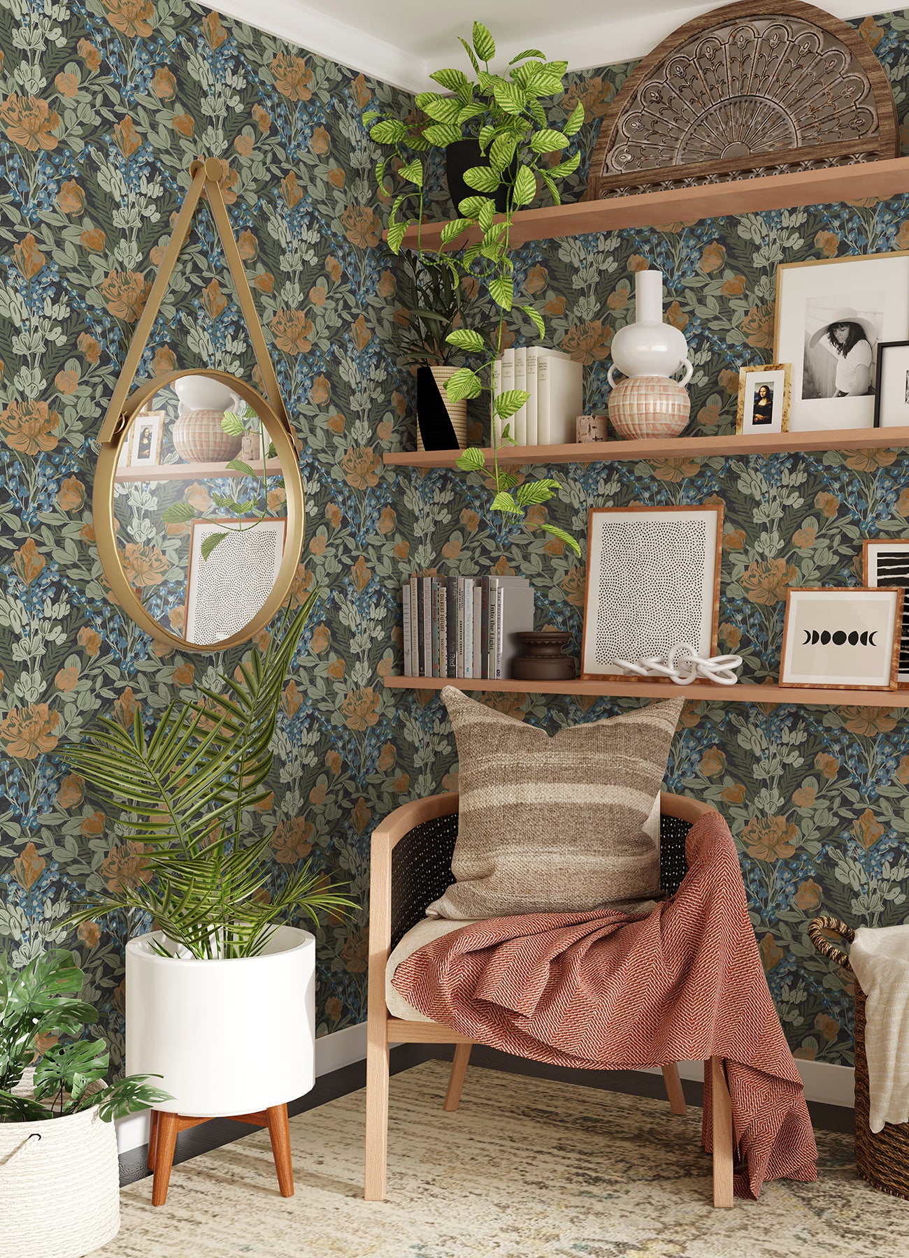 Moody June Blooms P&S Wallpaper in a room setting
