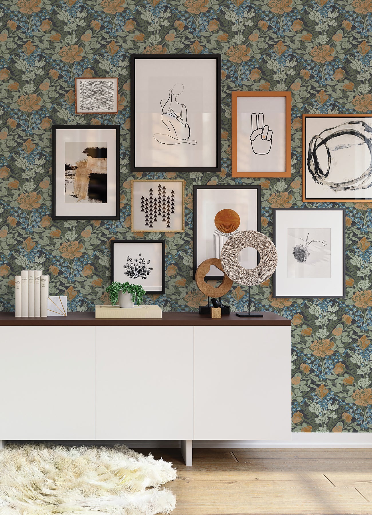 Moody June Blooms P&S Wallpaper in a room setting