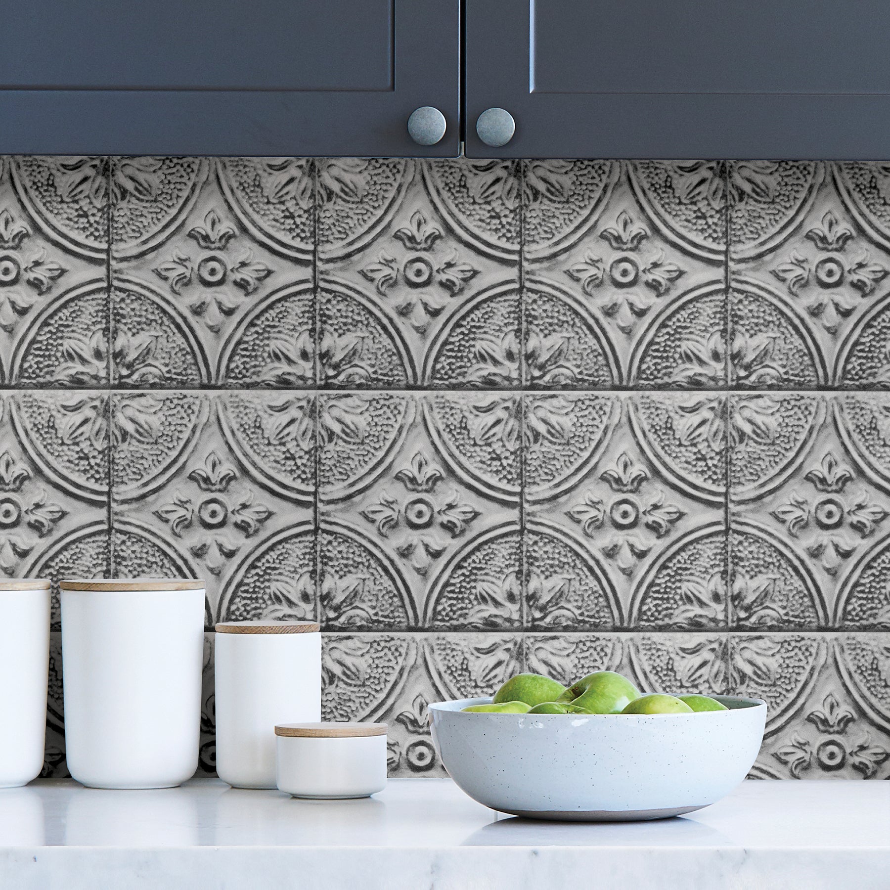 Tin Tile Rolled Backsplash in a room setting