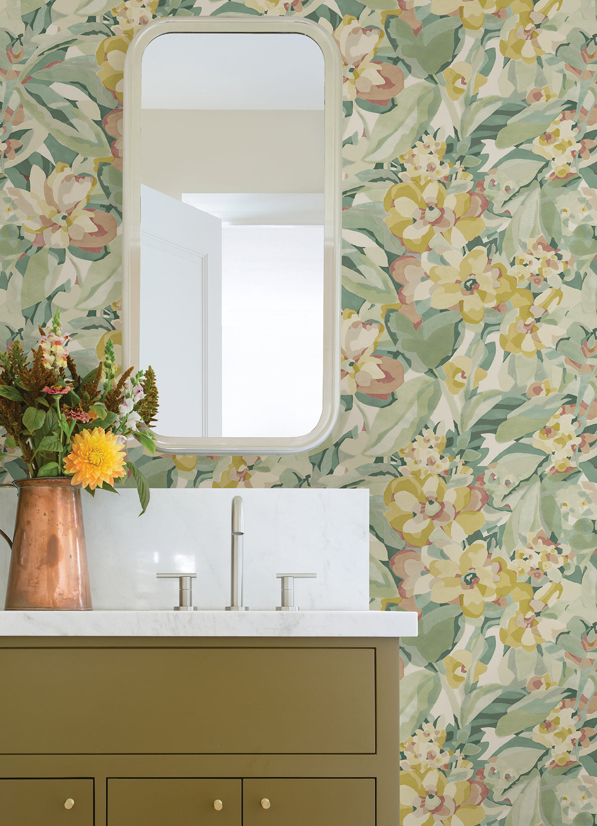 Belles Fleurs peel and stick wallpaper in a room setting