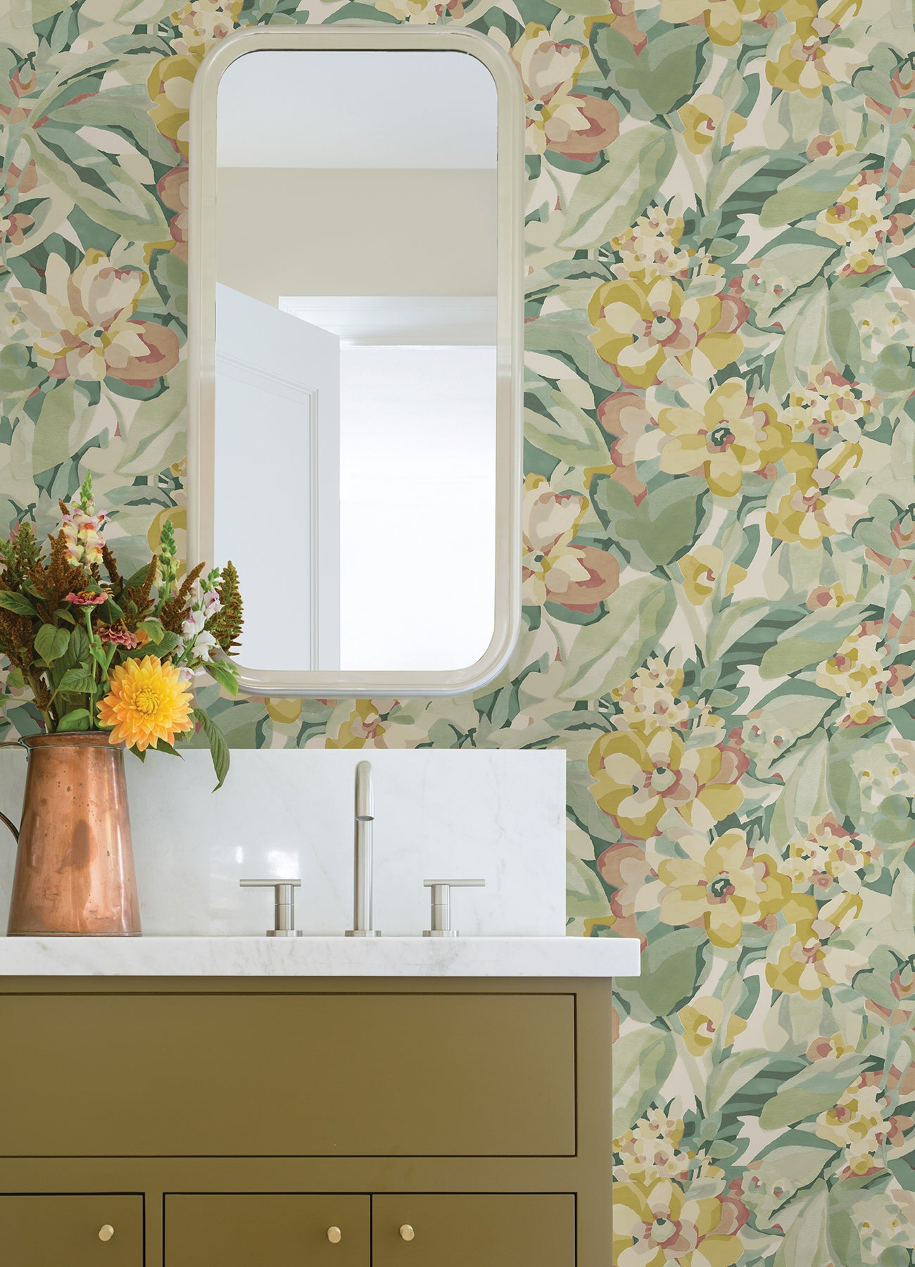 Belles Fleurs peel and stick wallpaper in a room setting