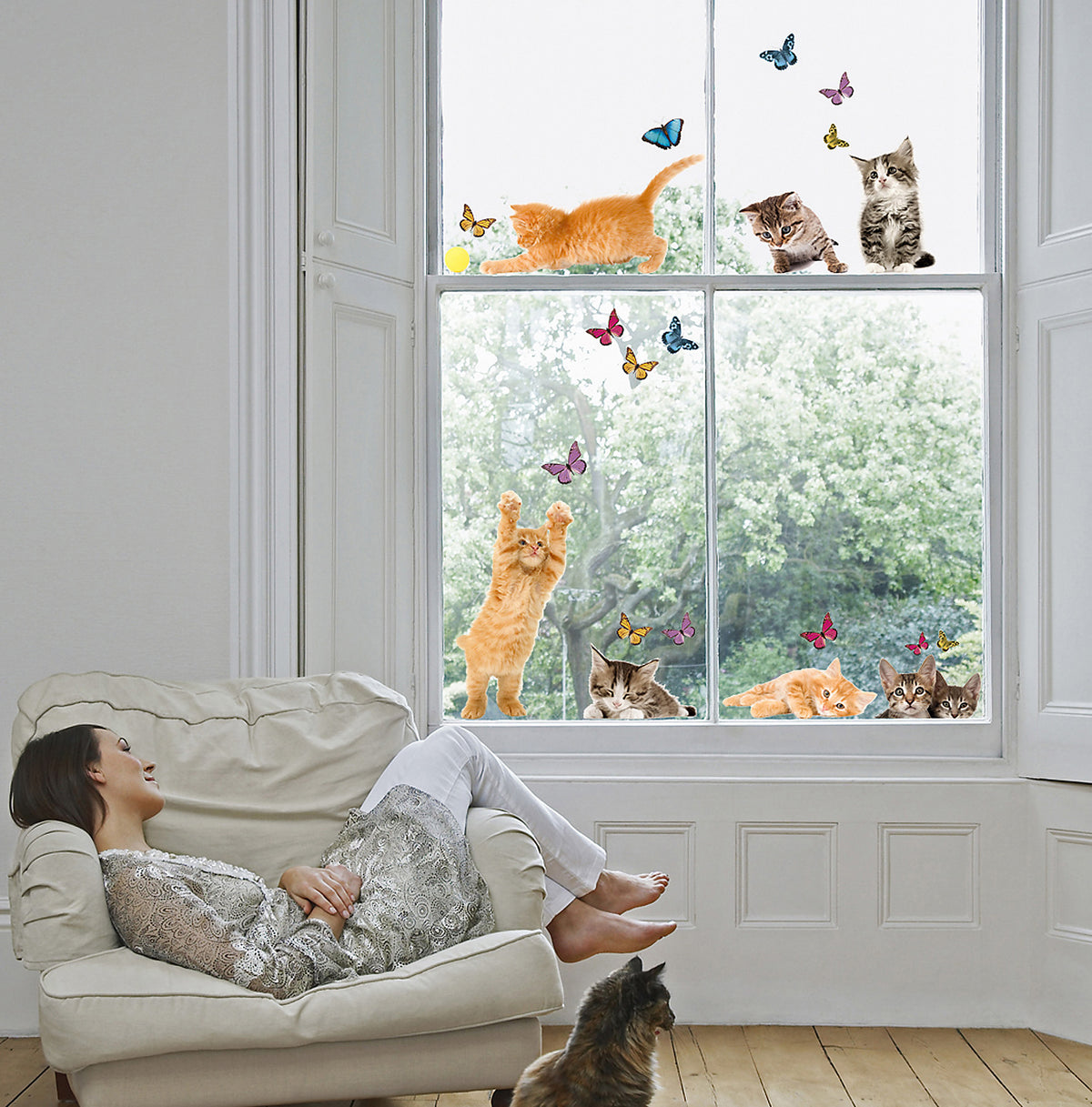 Playful Cats & Butterflies Window Stickers in a room setting