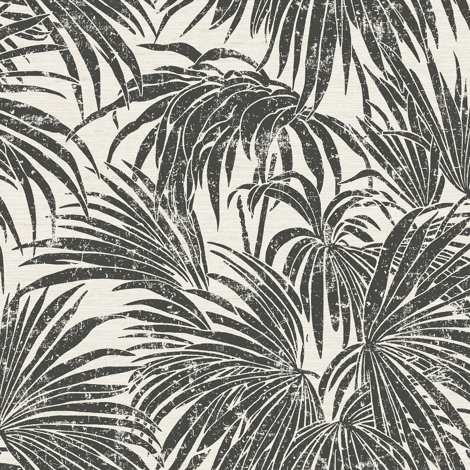 A dense, black and white grunge-style illustration of overlapping cassava palm leaves fills the image, with a light background and distressed textures that give a vintage, weathered appearance—evoking the timeless look of WallPops’ Egypt Sherrod Cassava Palm Peel and Stick Wallpaper. No blank spaces are visible in the pattern.
