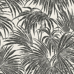 A dense, black and white grunge-style illustration of overlapping cassava palm leaves fills the image, with a light background and distressed textures that give a vintage, weathered appearance—evoking the timeless look of WallPops’ Egypt Sherrod Cassava Palm Peel and Stick Wallpaper. No blank spaces are visible in the pattern.