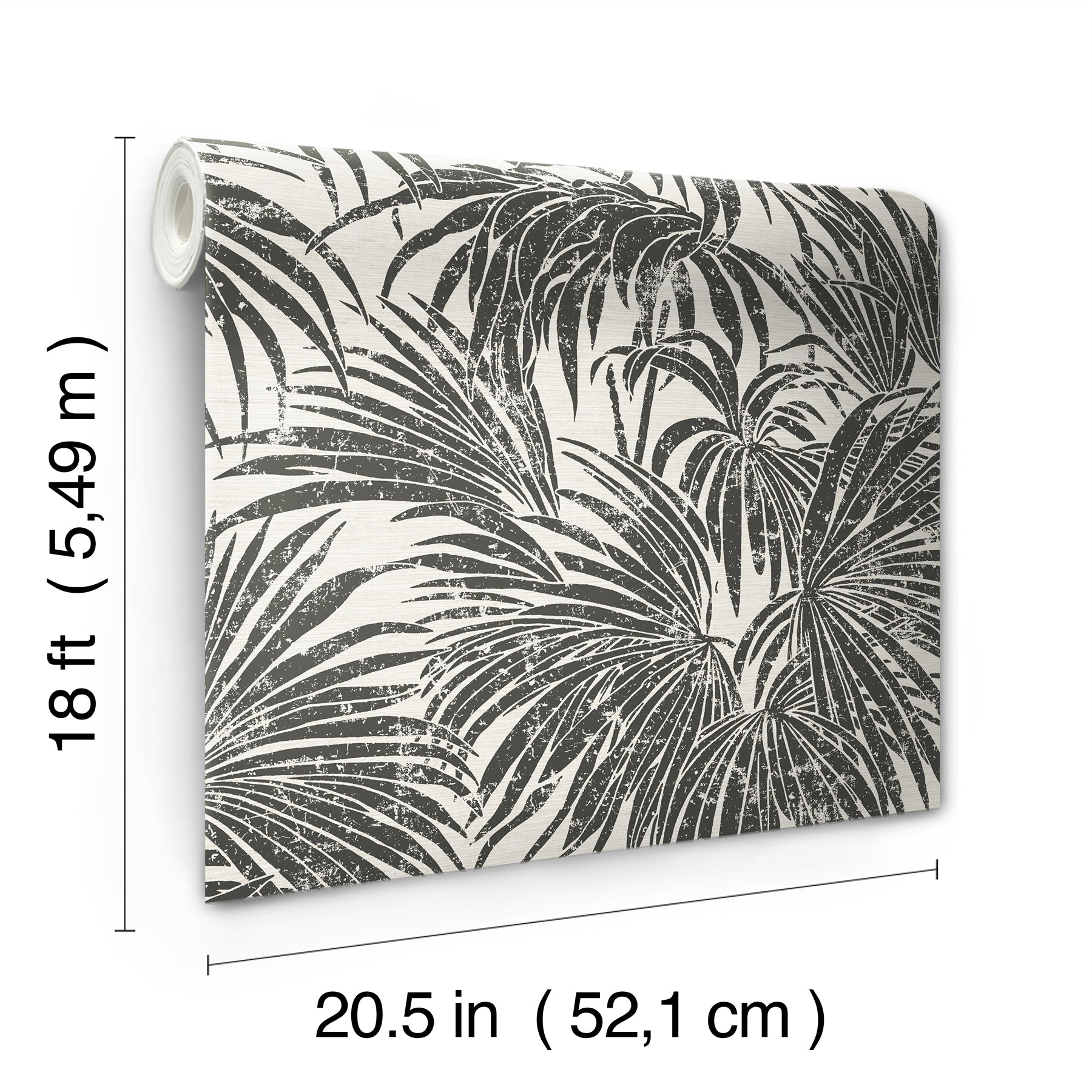 A dense, black and white grunge-style illustration of overlapping cassava palm leaves fills the image, with a light background and distressed textures that give a vintage, weathered appearance—evoking the timeless look of WallPops’ Egypt Sherrod Cassava Palm Peel and Stick Wallpaper. No blank spaces are visible in the pattern.