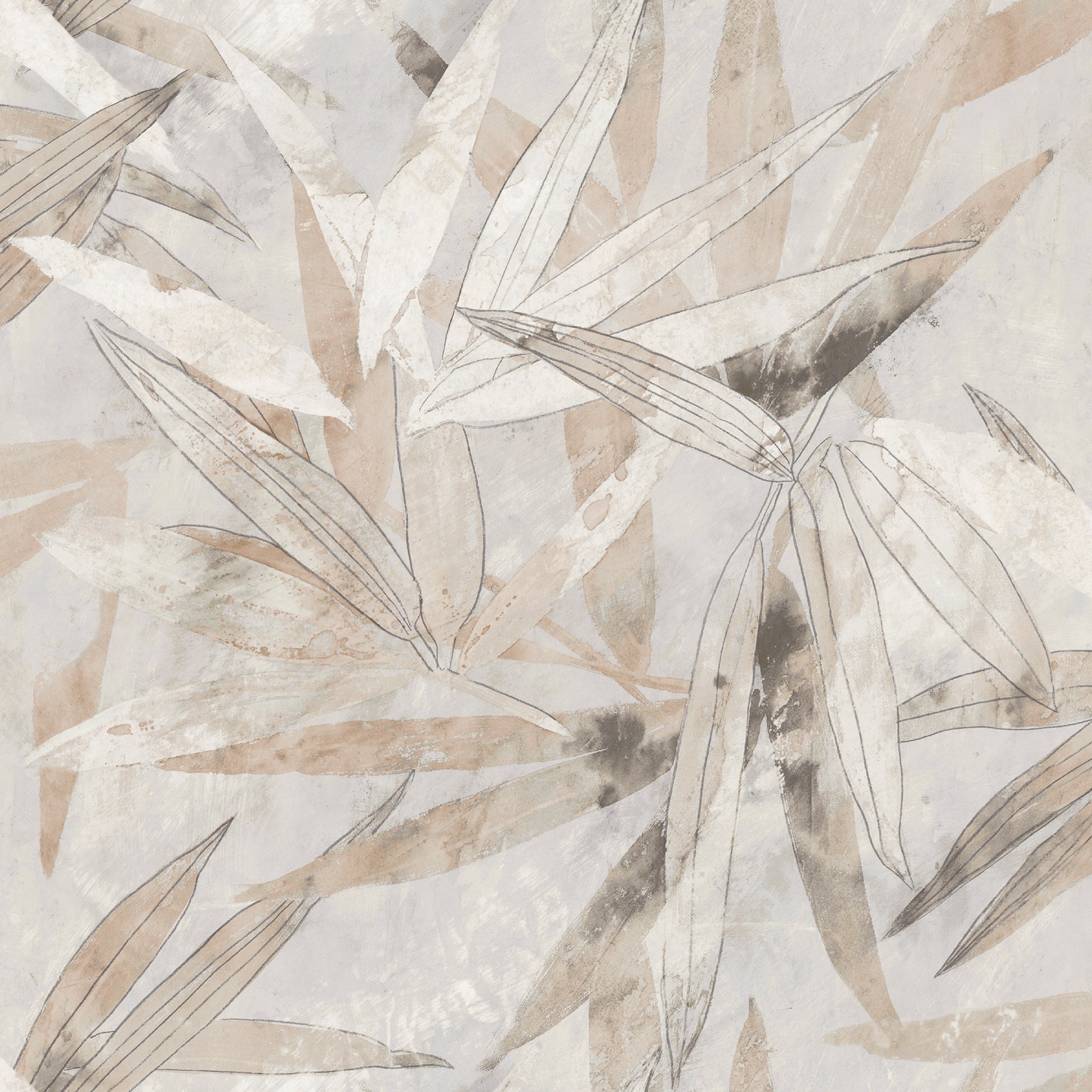 A person peels back a corner of the WallPops Egypt Sherrod Bali Bamboo Peel and Stick Wallpaper, which features abstract leaf designs in beige, gray, and blush tones. The wallpaper is displayed on a wooden surface, and the person wears a wedding ring and another ring on their left hand’s ring finger.