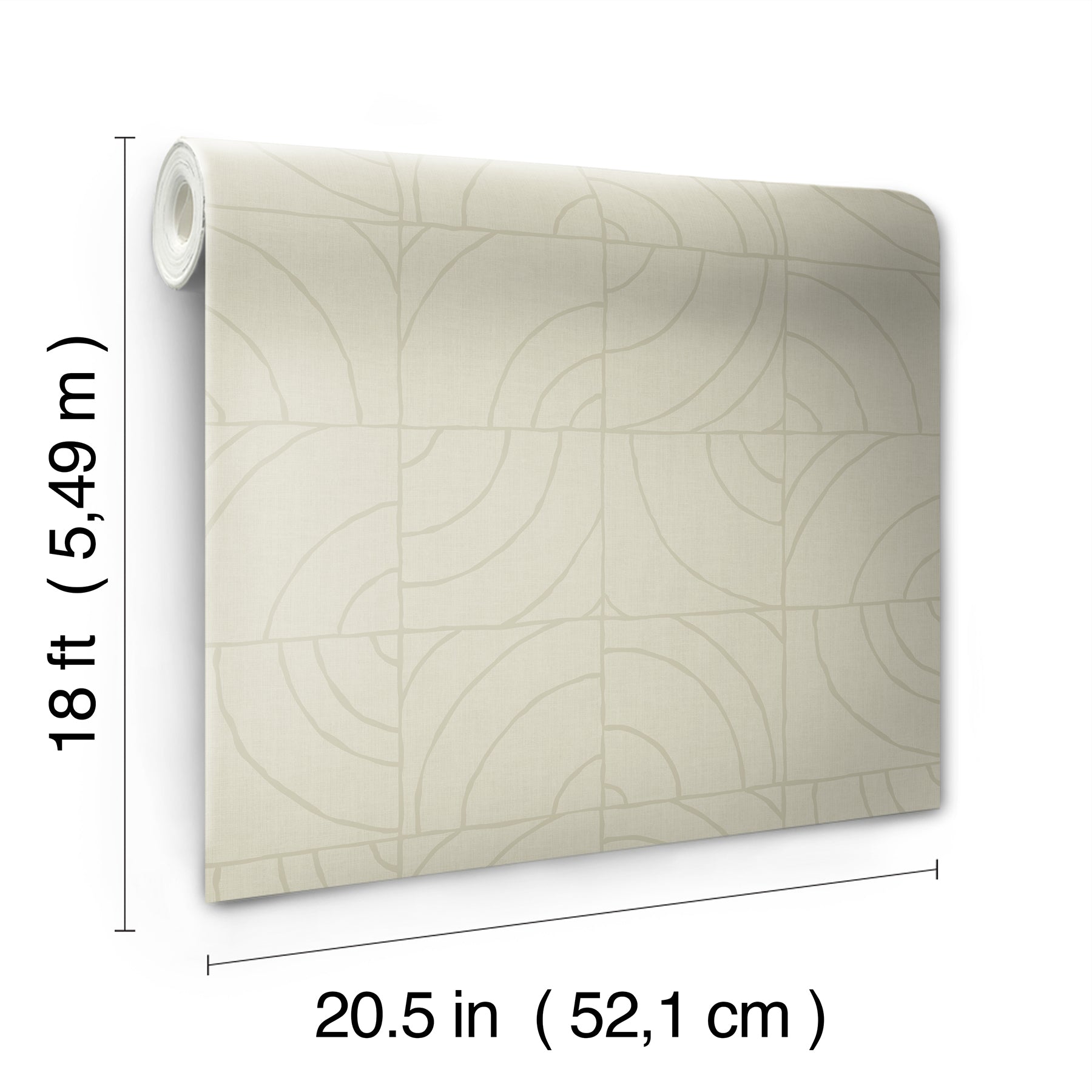 A person’s hands peel back a corner of WallPops Egypt Sherrod Batik Blok Peel and Stick Wallpaper, featuring abstract curved lines on a beige background, revealing its adhesive backing. The wallpaper rests on a wooden surface, and the person wears a ring on their left hand.
