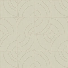A person’s hands peel back a corner of WallPops Egypt Sherrod Batik Blok Peel and Stick Wallpaper, featuring abstract curved lines on a beige background, revealing its adhesive backing. The wallpaper rests on a wooden surface, and the person wears a ring on their left hand.