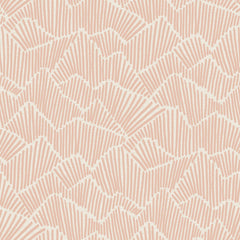 Two hands peel back a sheet of WallPops Egypt Sherrod Ridge & Valley Peel and Stick Wallpaper, which features a white abstract geometric line pattern on a beige background. The wallpaper is partially lifted from a wooden surface, and the person’s left hand is adorned with a ring.