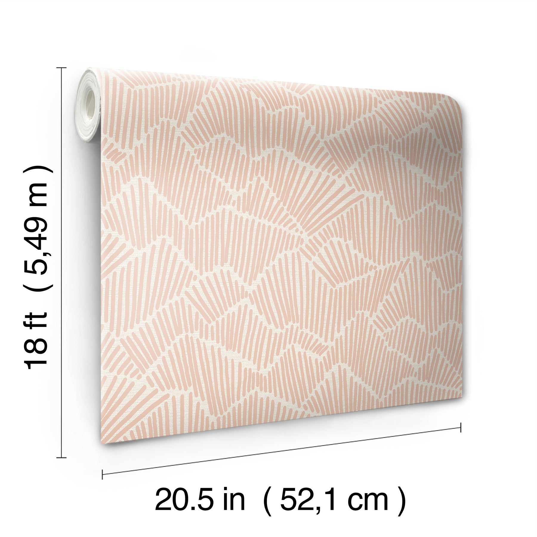 Two hands peel back a sheet of WallPops Egypt Sherrod Ridge & Valley Peel and Stick Wallpaper, which features a white abstract geometric line pattern on a beige background. The wallpaper is partially lifted from a wooden surface, and the person’s left hand is adorned with a ring.