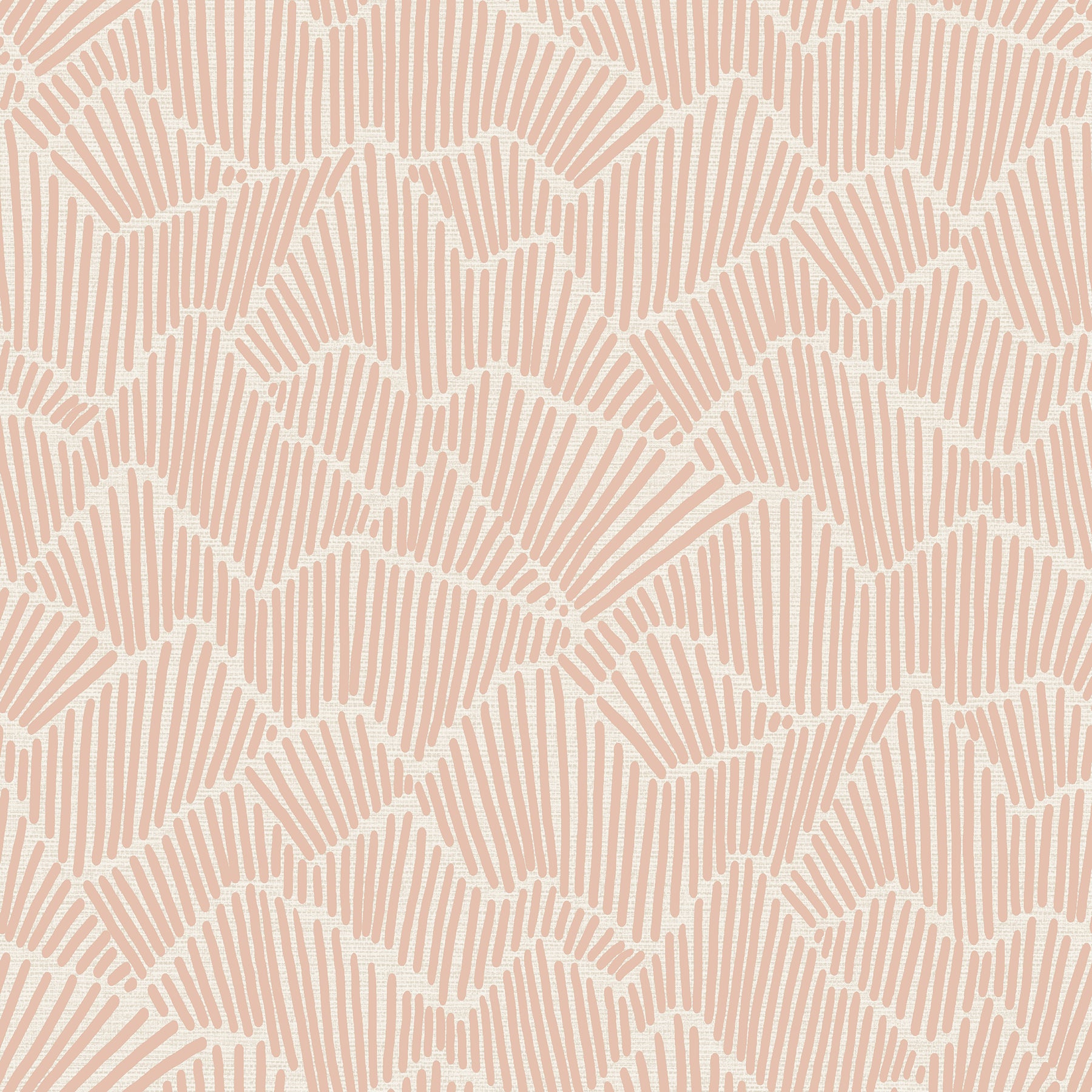 Two hands peel back a sheet of WallPops Egypt Sherrod Ridge & Valley Peel and Stick Wallpaper, which features a white abstract geometric line pattern on a beige background. The wallpaper is partially lifted from a wooden surface, and the person’s left hand is adorned with a ring.