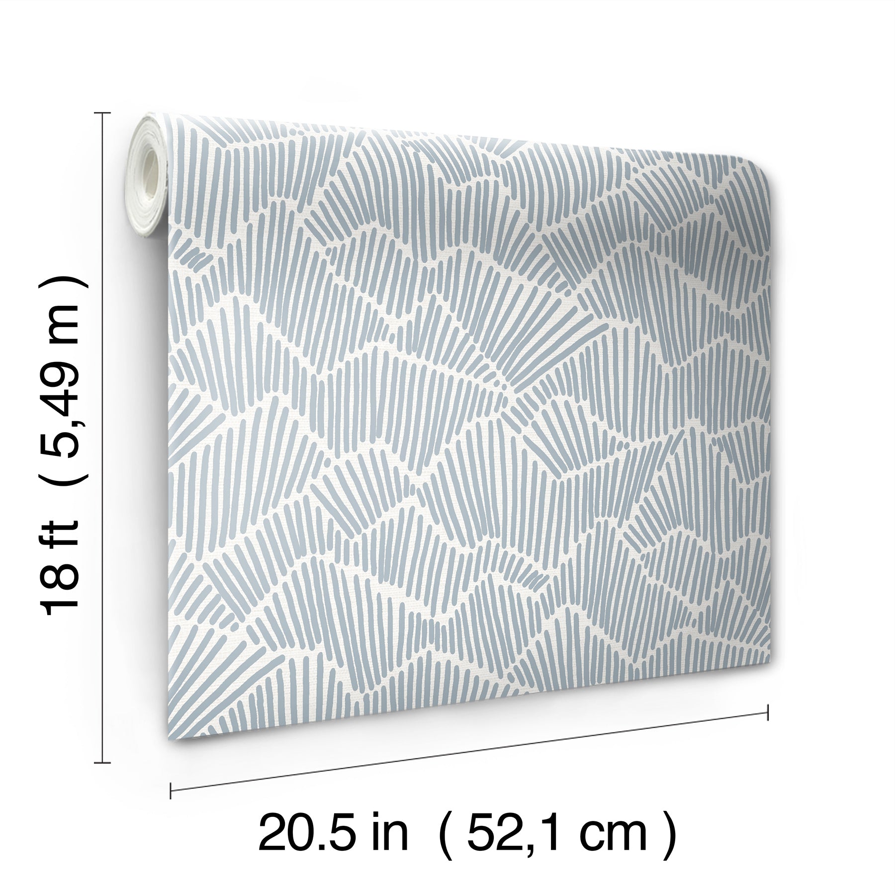 Two hands peel back a sheet of WallPops Egypt Sherrod Ridge & Valley Peel and Stick Wallpaper, which features a white abstract geometric line pattern on a beige background. The wallpaper is partially lifted from a wooden surface, and the person’s left hand is adorned with a ring.
