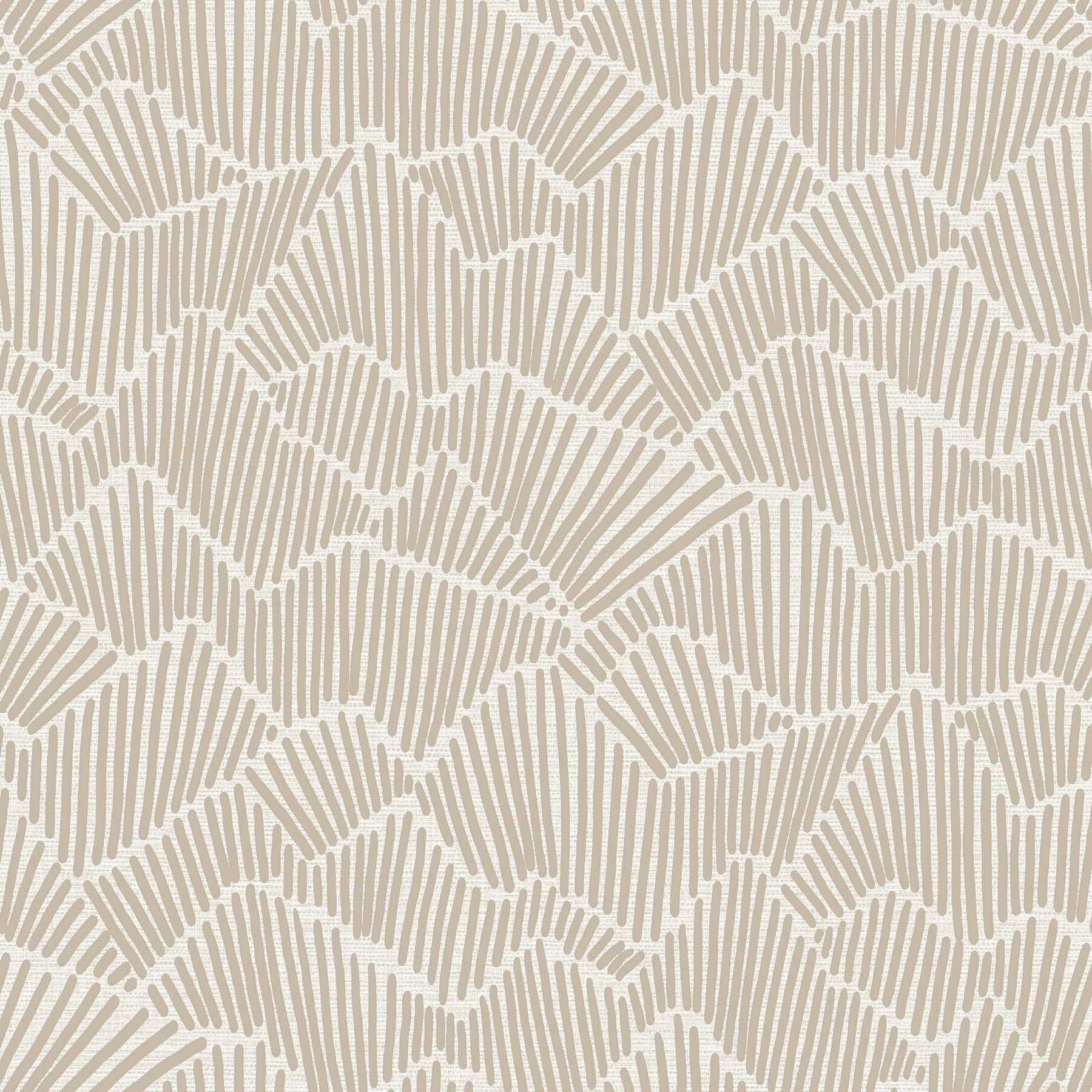 Two hands peel back a sheet of WallPops Egypt Sherrod Ridge & Valley Peel and Stick Wallpaper, which features a white abstract geometric line pattern on a beige background. The wallpaper is partially lifted from a wooden surface, and the person’s left hand is adorned with a ring.