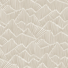 Two hands peel back a sheet of WallPops Egypt Sherrod Ridge & Valley Peel and Stick Wallpaper, which features a white abstract geometric line pattern on a beige background. The wallpaper is partially lifted from a wooden surface, and the person’s left hand is adorned with a ring.