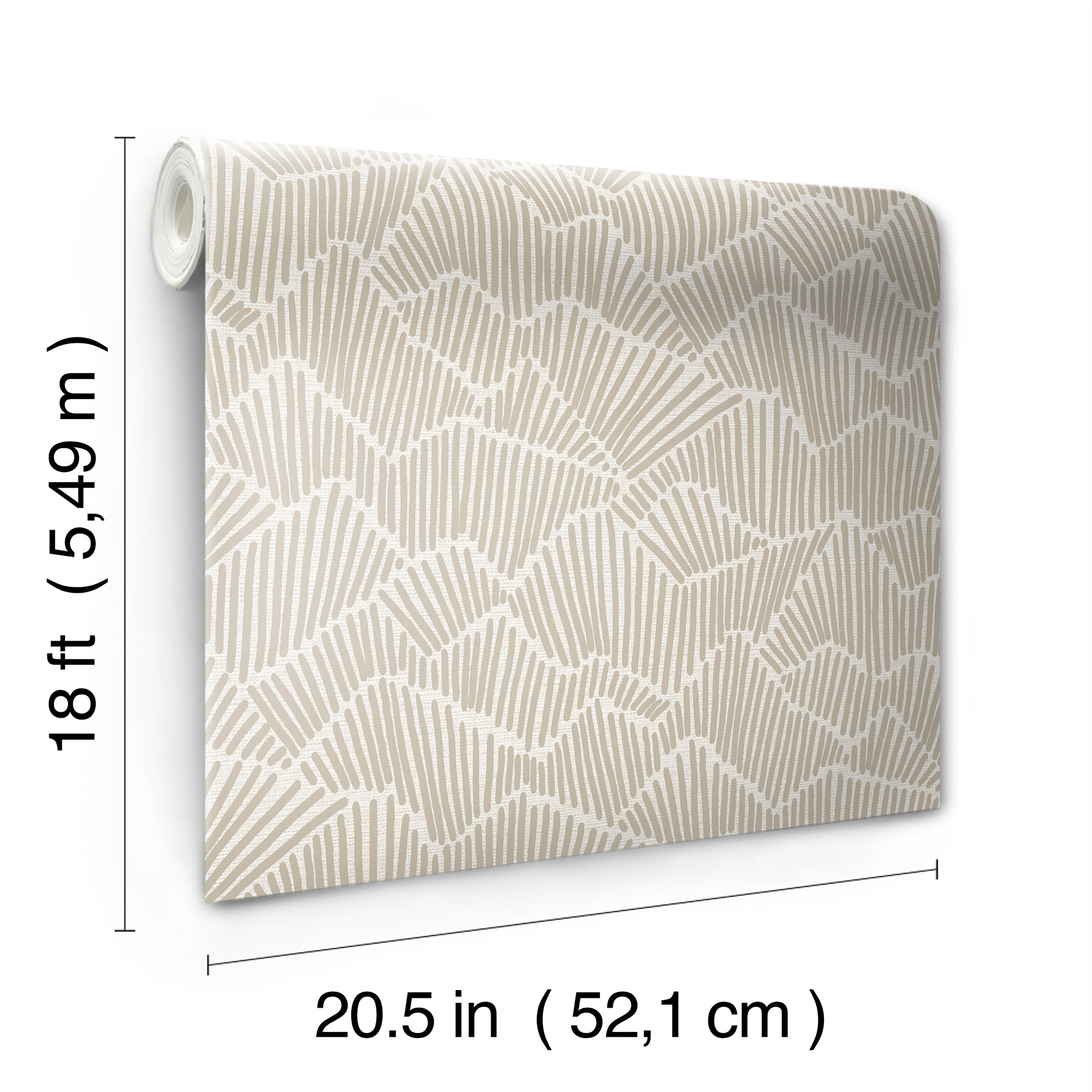 Two hands peel back a sheet of WallPops Egypt Sherrod Ridge & Valley Peel and Stick Wallpaper, which features a white abstract geometric line pattern on a beige background. The wallpaper is partially lifted from a wooden surface, and the person’s left hand is adorned with a ring.