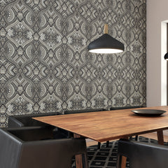 Chart titled How Much Hoopla Walls Ogee Peel and Stick Wallpaper? displays a table to estimate the number of wallpaper rolls needed by matching wall length 2–46 ft and ceiling height 8–12 ft. It features diagrams for measuring your space and notes that each WallPops Hoopla Walls Ogee Peel and Stick Wallpaper roll covers 29.5 sq. ft. 19.7 in x 18 ft.
