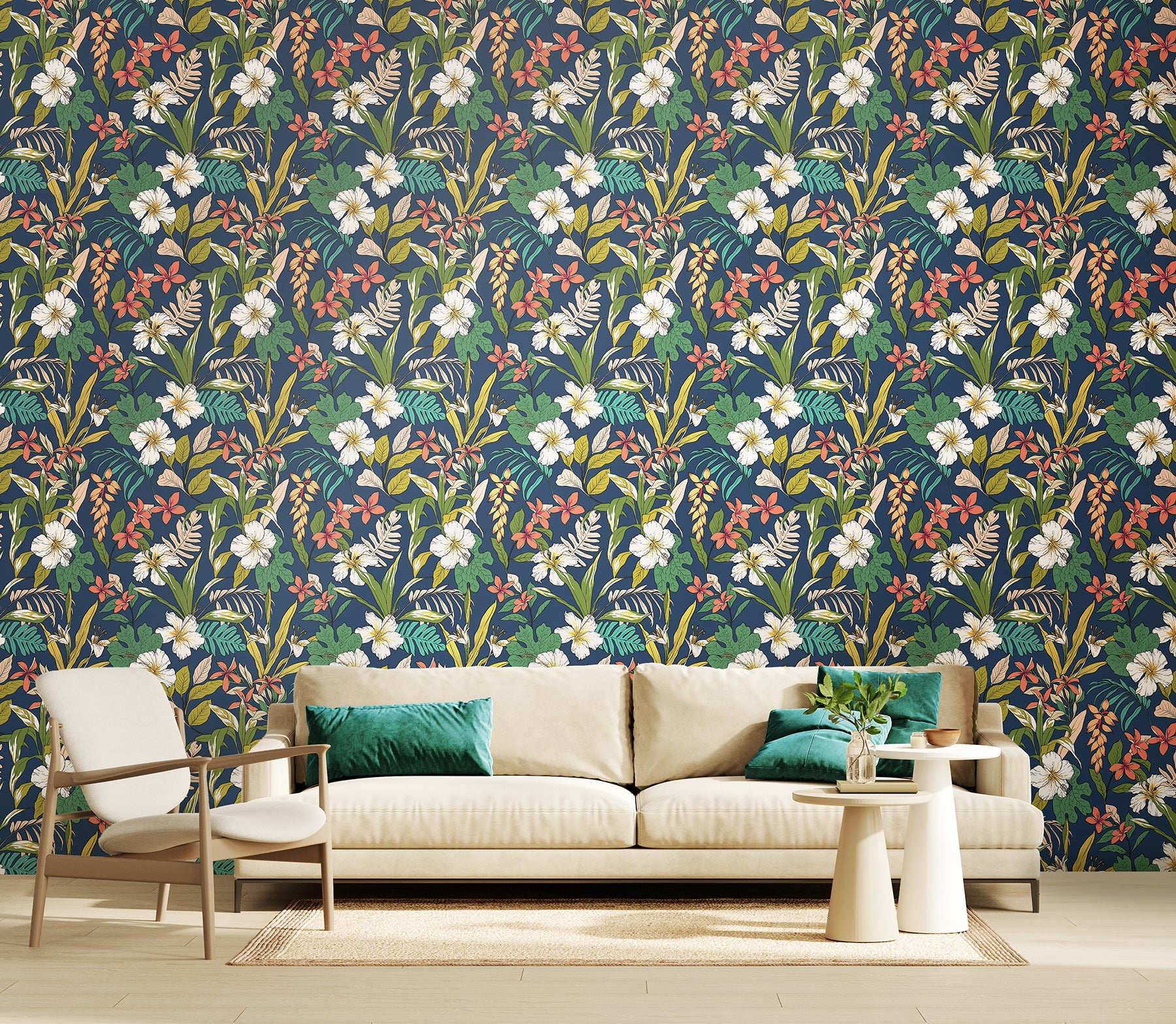 The Hoopla Walls Oasis Peel and Stick Wallpaper by WallPops features a seamless floral pattern with large white hibiscus, vivid orange tropical flowers, and assorted green, yellow, and peach leaves layered over a deep blue background for a vibrant, lush botanical look.