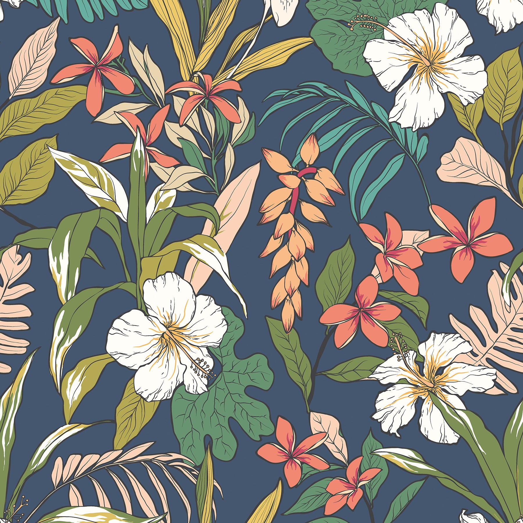 The Hoopla Walls Oasis Peel and Stick Wallpaper by WallPops features a seamless floral pattern with large white hibiscus, vivid orange tropical flowers, and assorted green, yellow, and peach leaves layered over a deep blue background for a vibrant, lush botanical look.