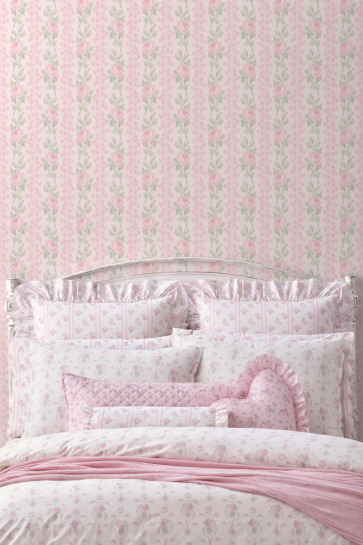 Blooming Heirloom Strawberry Macaron Rose Stripe P&S Wallpaper in a room setting
