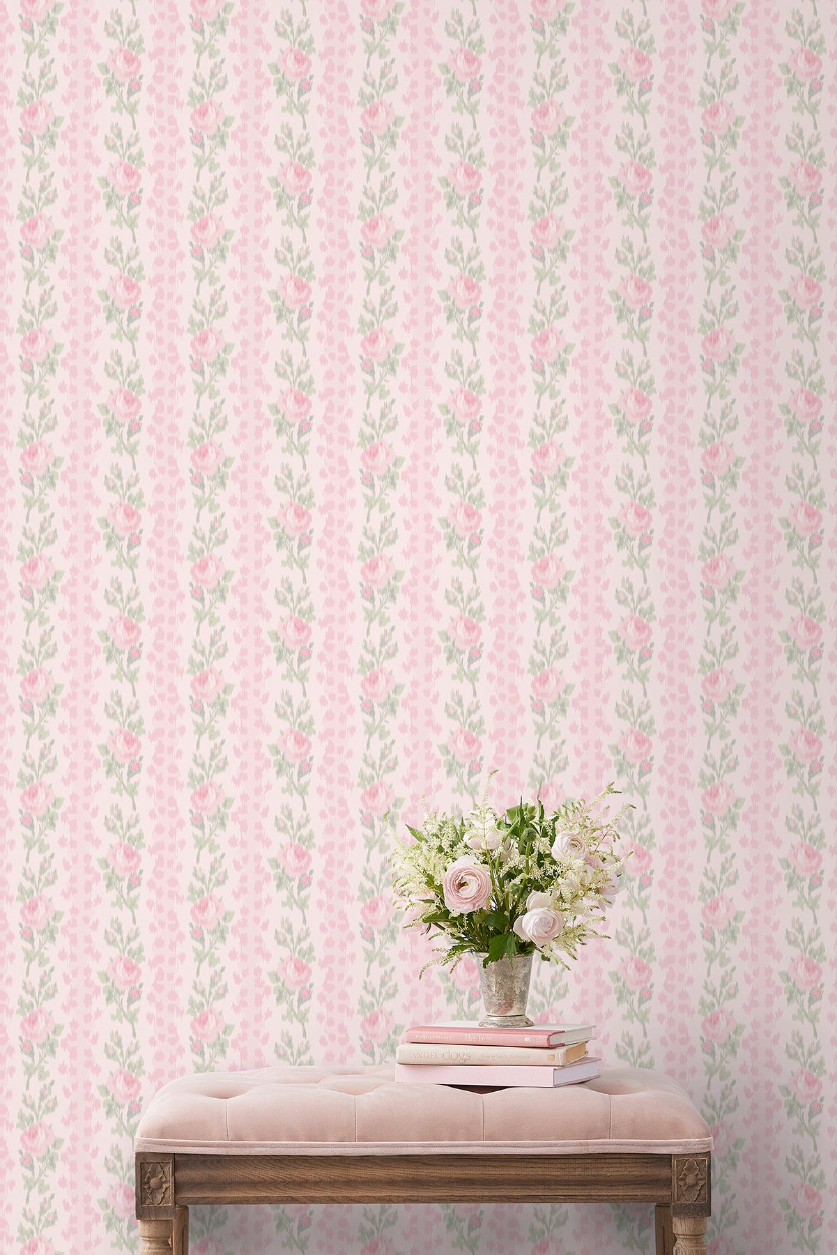 Blooming Heirloom Strawberry Macaron Rose Stripe P&S Wallpaper in a room setting