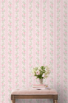 Blooming Heirloom Strawberry Macaron Rose Stripe P&S Wallpaper in a room setting