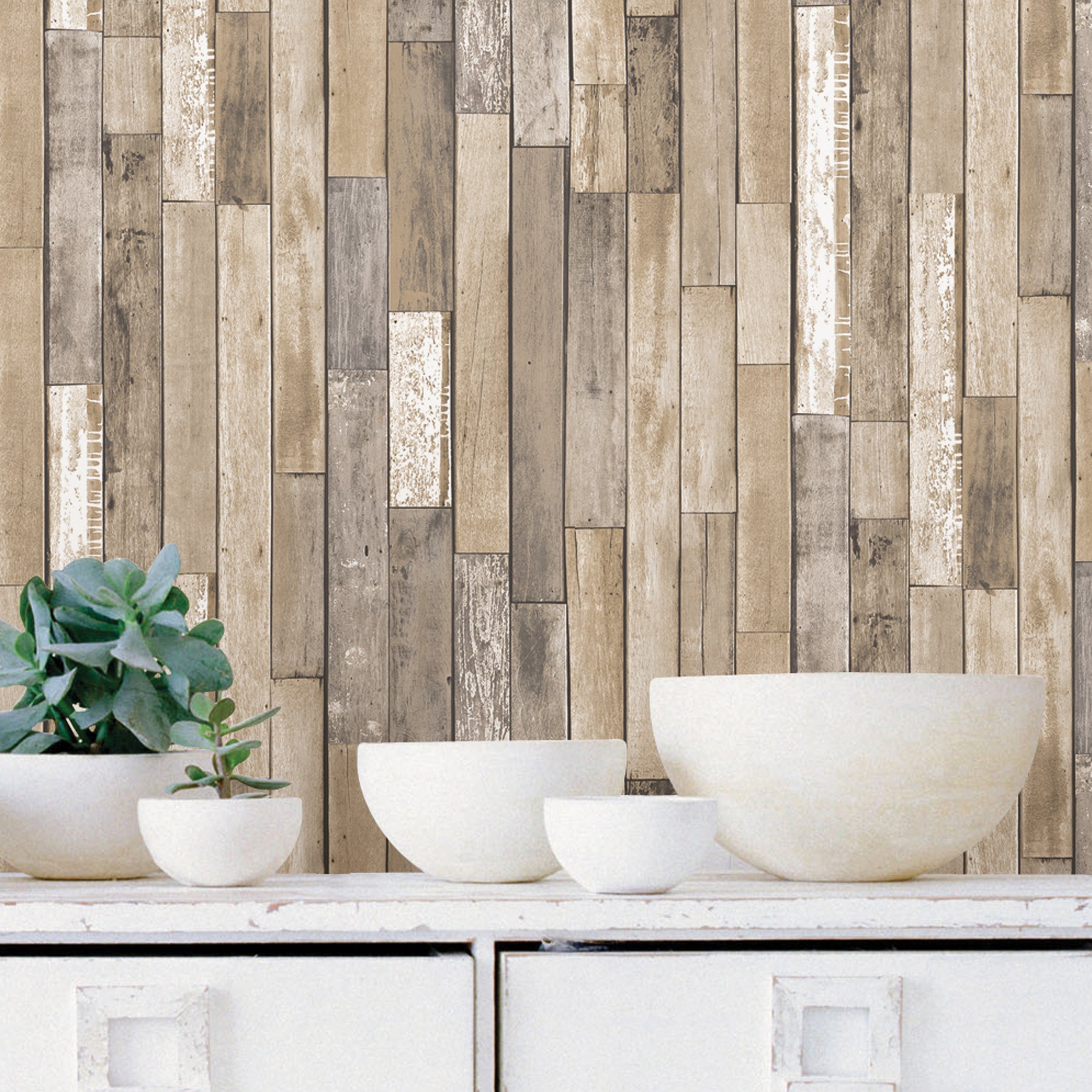 Weathered Plank P&S Wallpaper in a room setting