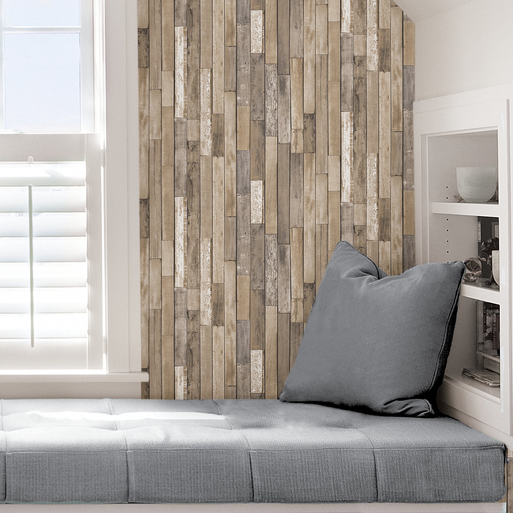 Weathered Plank P&S Wallpaper in a room setting