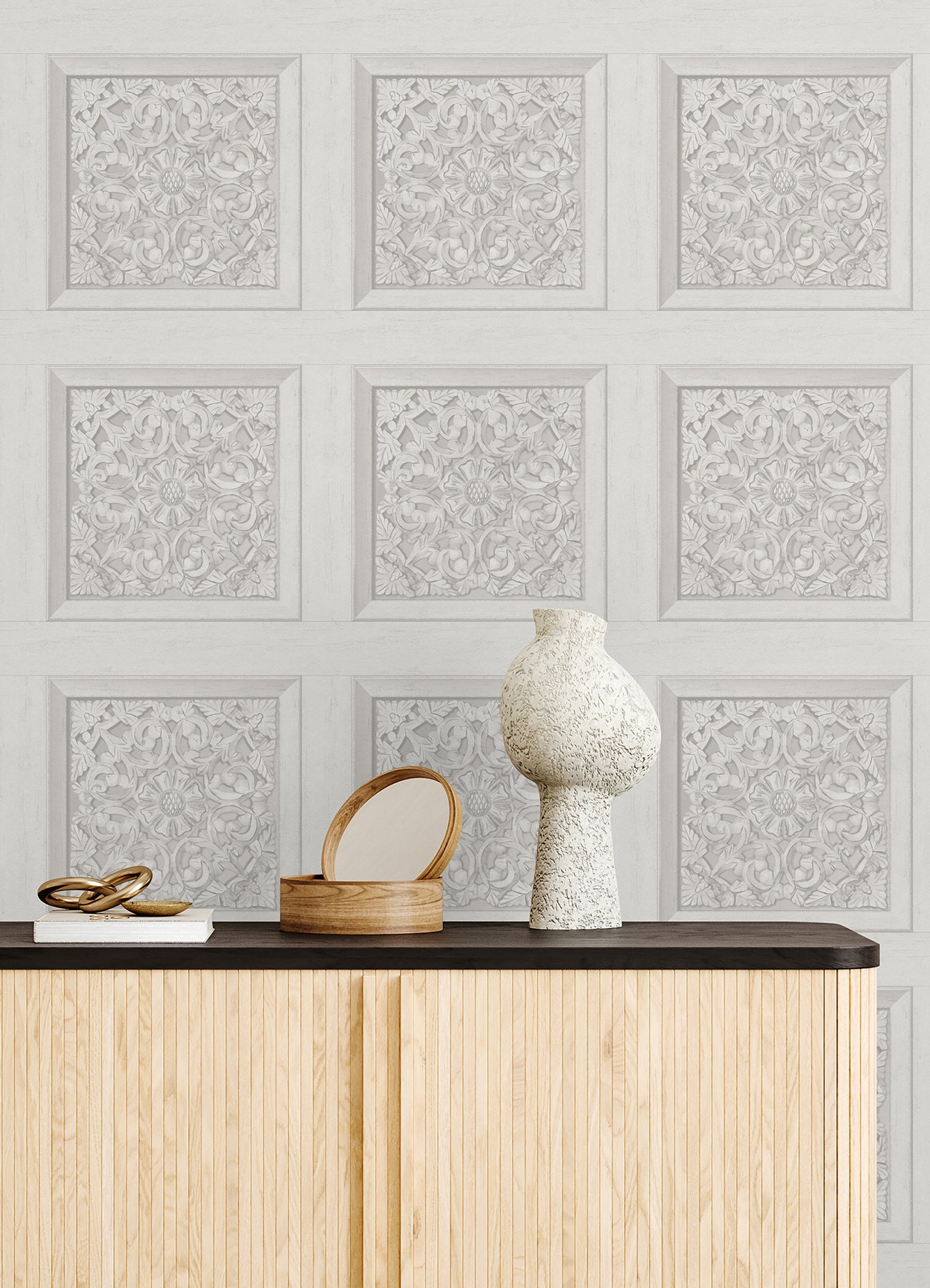Carved Floral Peel and Stick Wallpaper in a room setting