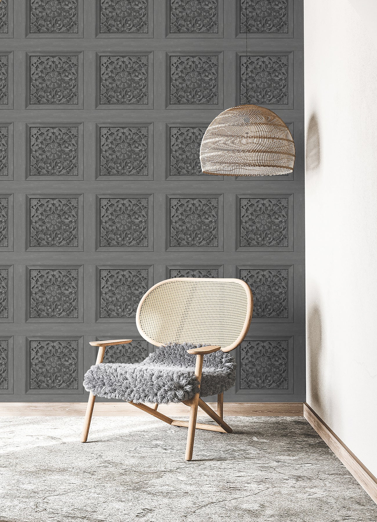 Carved Floral Peel and Stick Wallpaper in a room setting