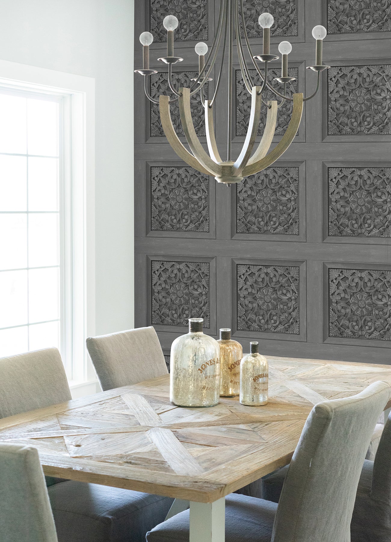 Carved Floral Peel and Stick Wallpaper in a room setting