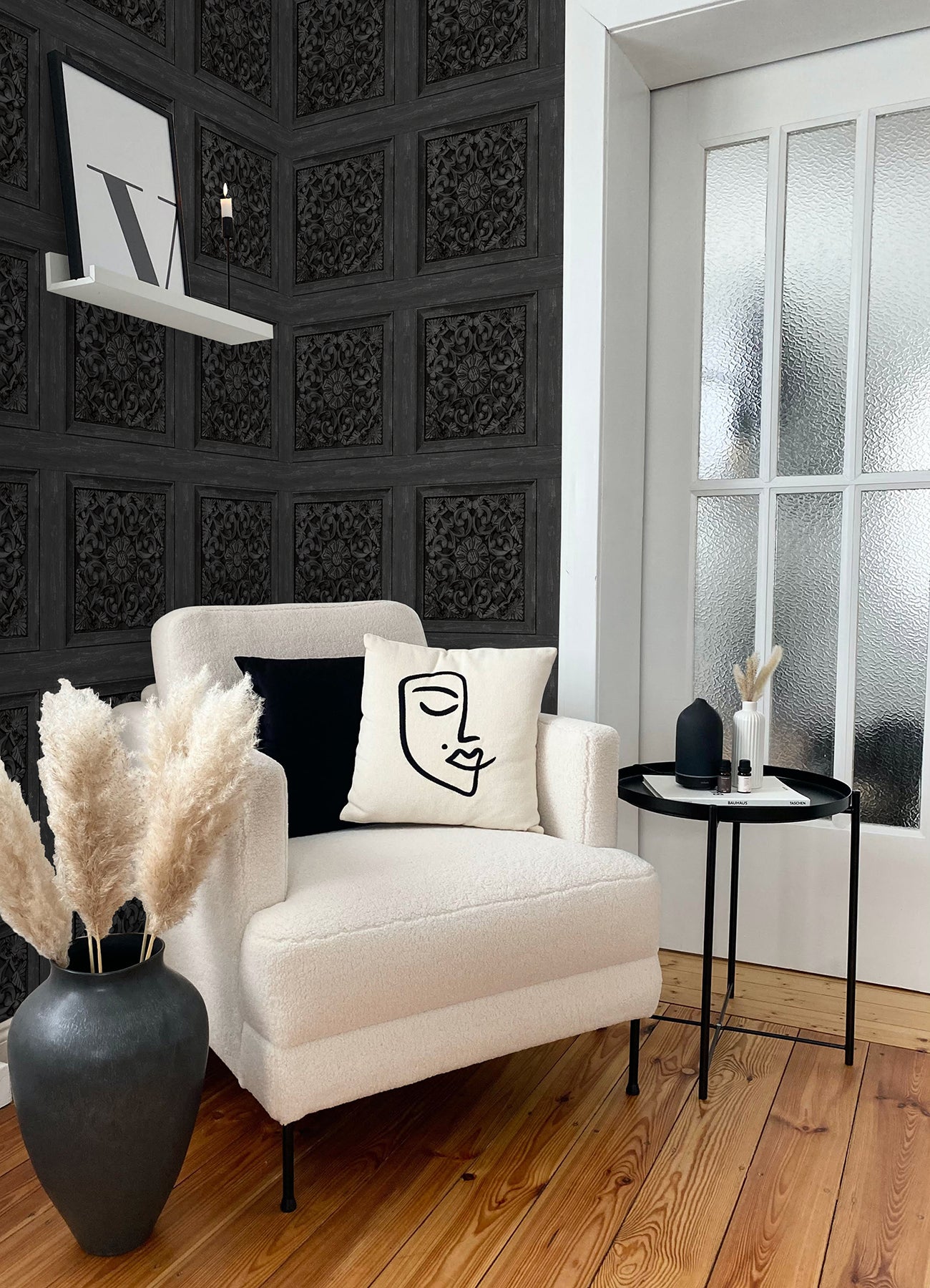 Carved Floral Peel and Stick Wallpaper in a room setting