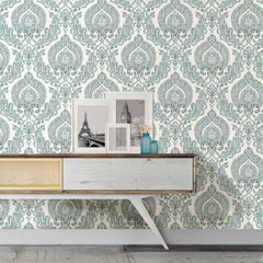 Kensington Damask Peel And Stick Wallpaper in a room setting