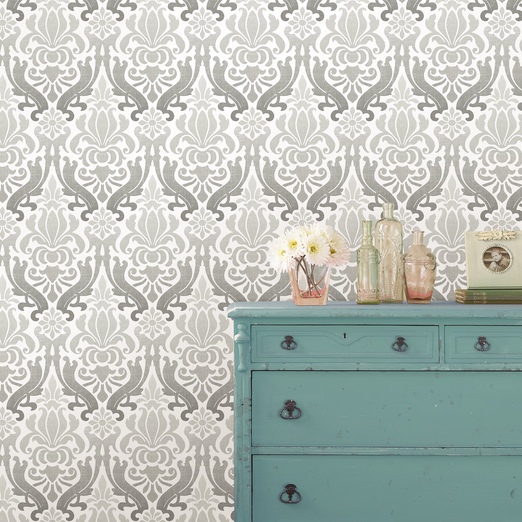 Nouveau Damask Peel And Stick Wallpaper in a room setting
