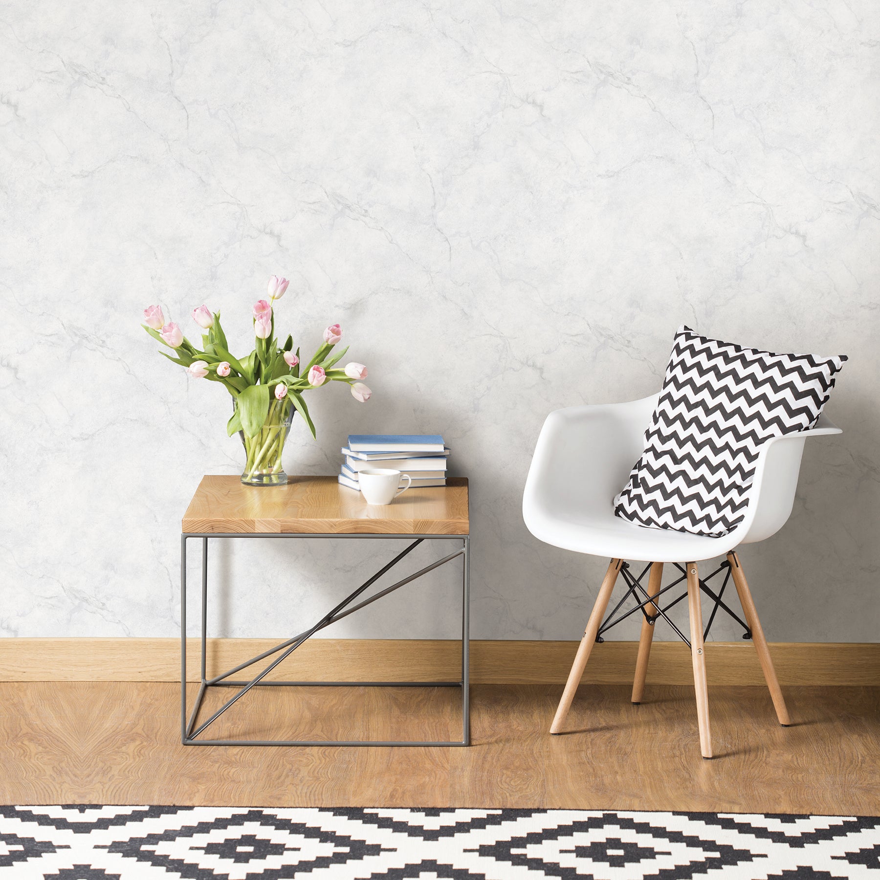 Carrara Marble P&S Wallpaper in a room setting