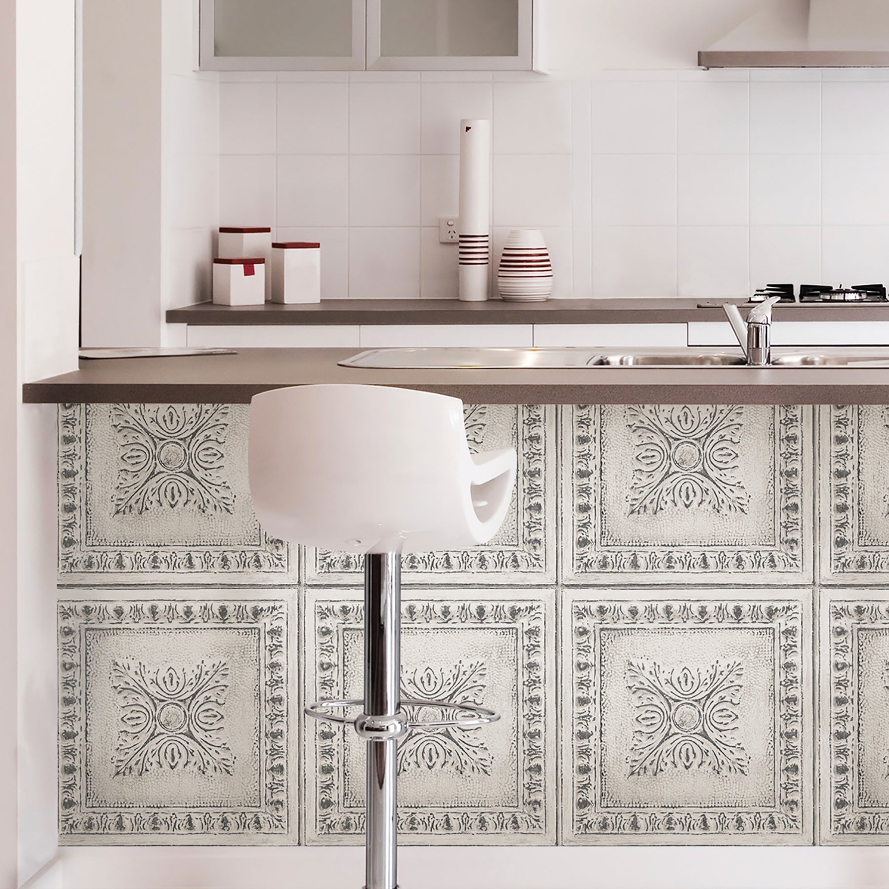 Reclaimed Tin P&S Wallpaper in a room setting