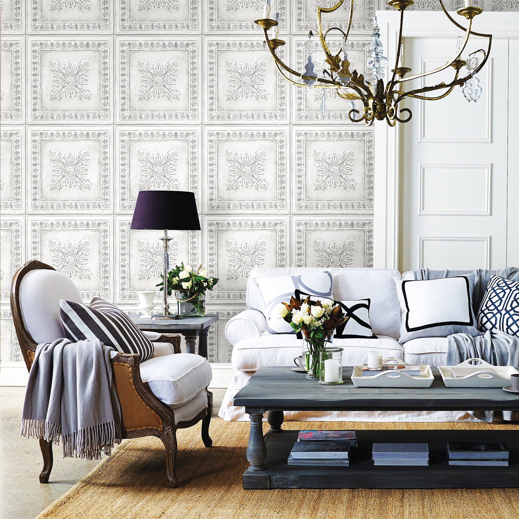 Reclaimed Tin P&S Wallpaper in a room setting