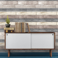 A mid-century style cabinet with white dotted doors and a wood frame sits on a blue floor. On top, there is a small potted cactus and a row of stacked vintage books. The background features WallPops Reclaimed Wood Plank Peel And Stick Wallpaper, creating a rustic, multicolored wooden plank effect.