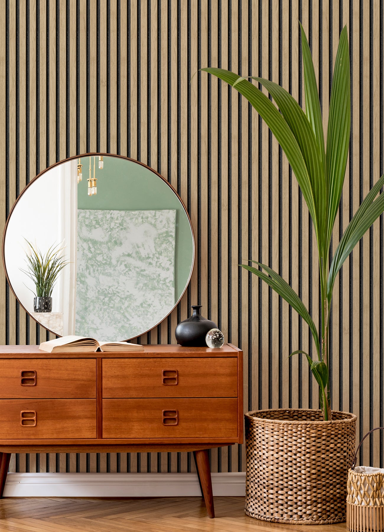 Slat Wood P&S Wallpaper in a room setting