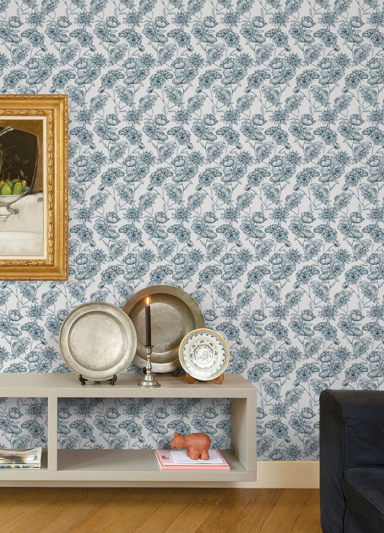 Gilded Floral Peel and Stick Wallpaper in a room setting