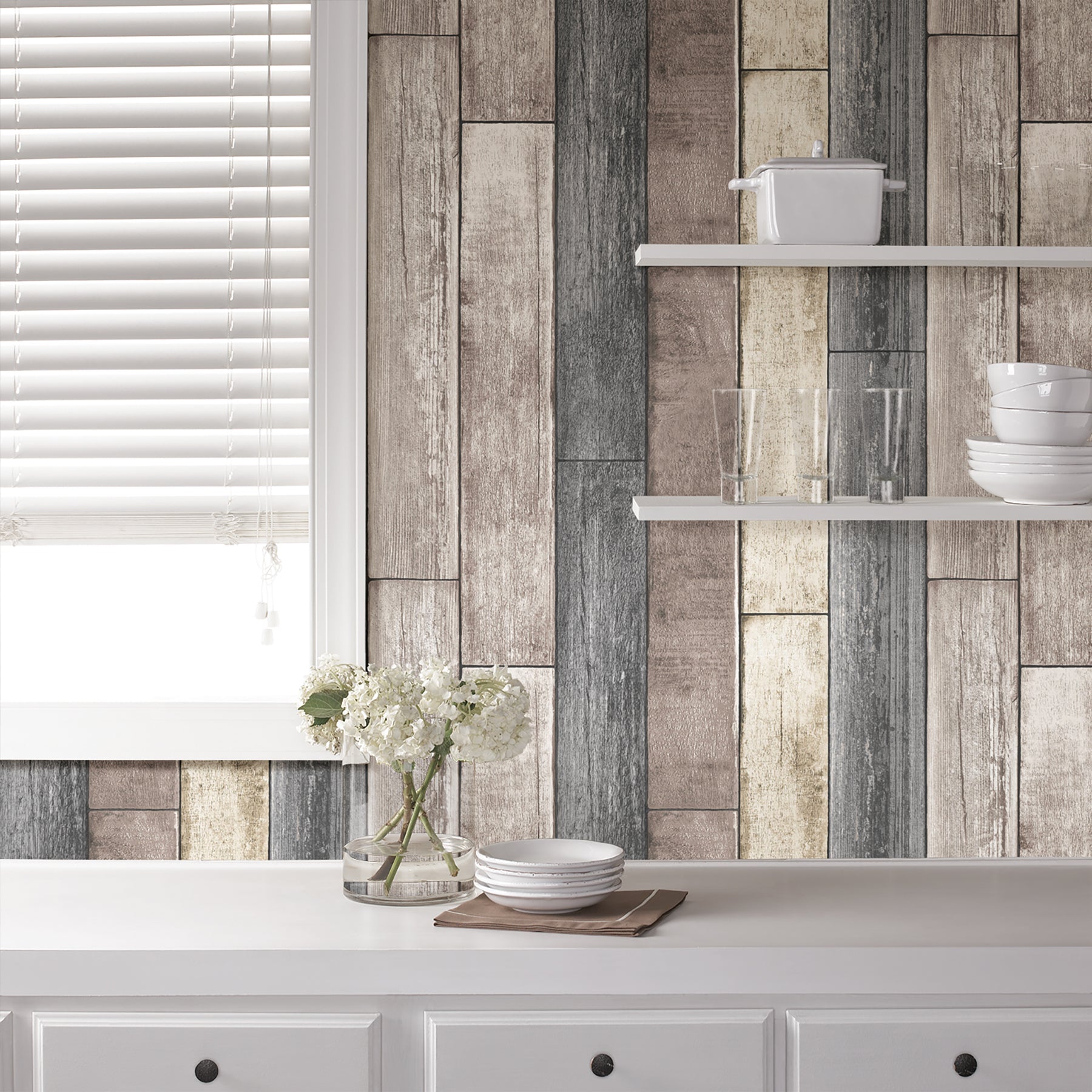 Reclaimed Wood Plank Peel And Stick Wallpaper in a room setting
