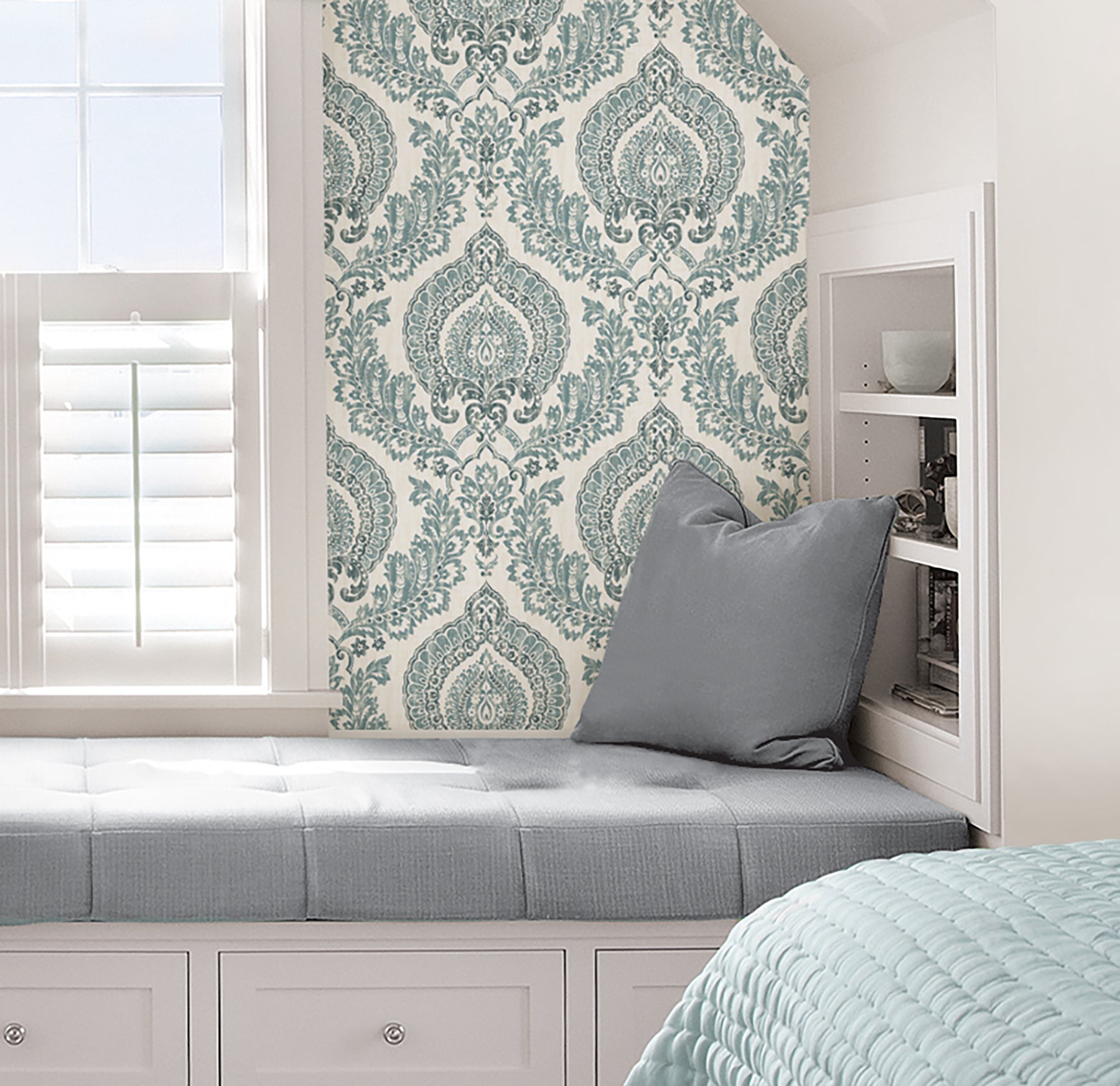 Kensington Damask Peel And Stick Wallpaper in a room setting